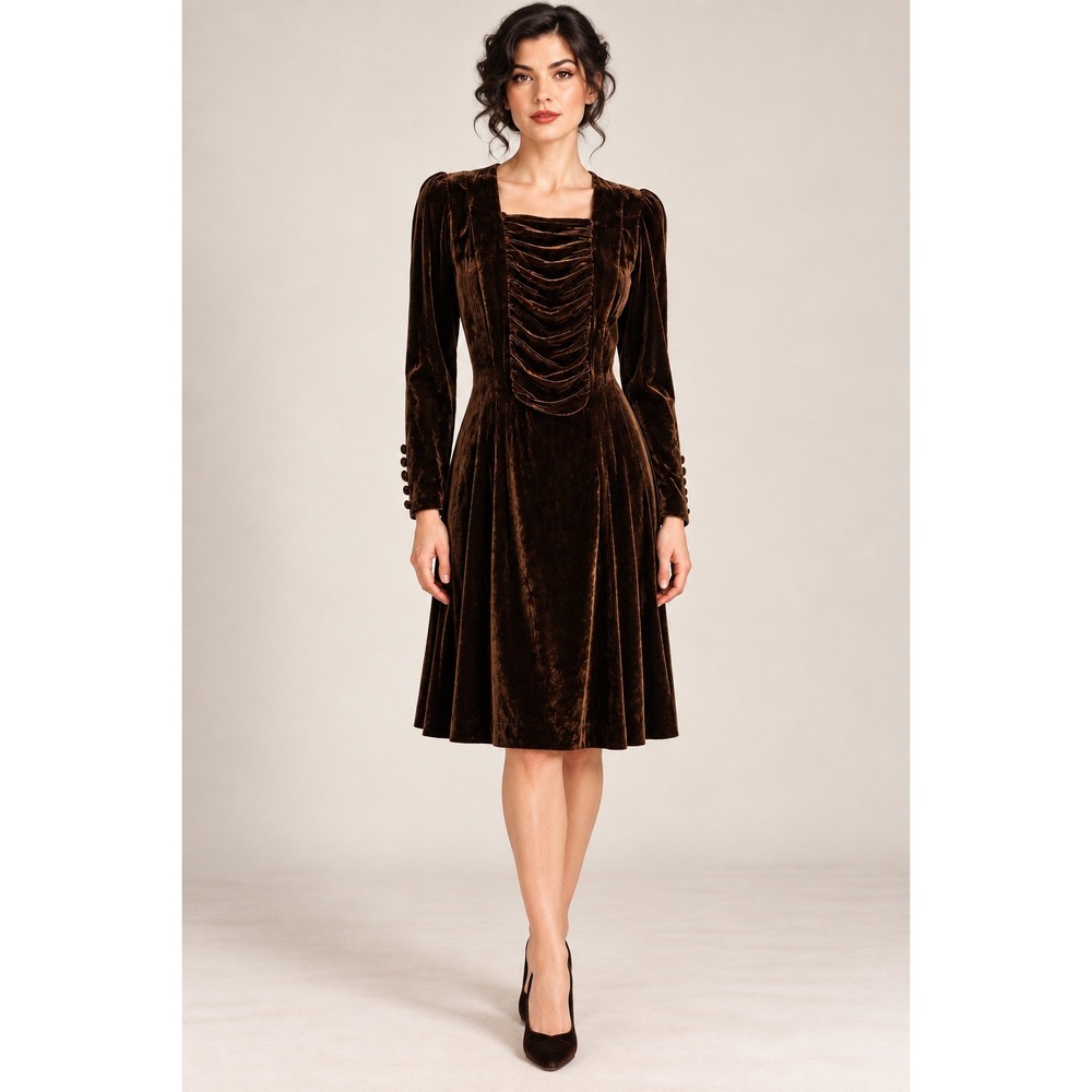 1930s Art Deco Brown Velvet Dress Ruched Old Hollywood Day Dress Small